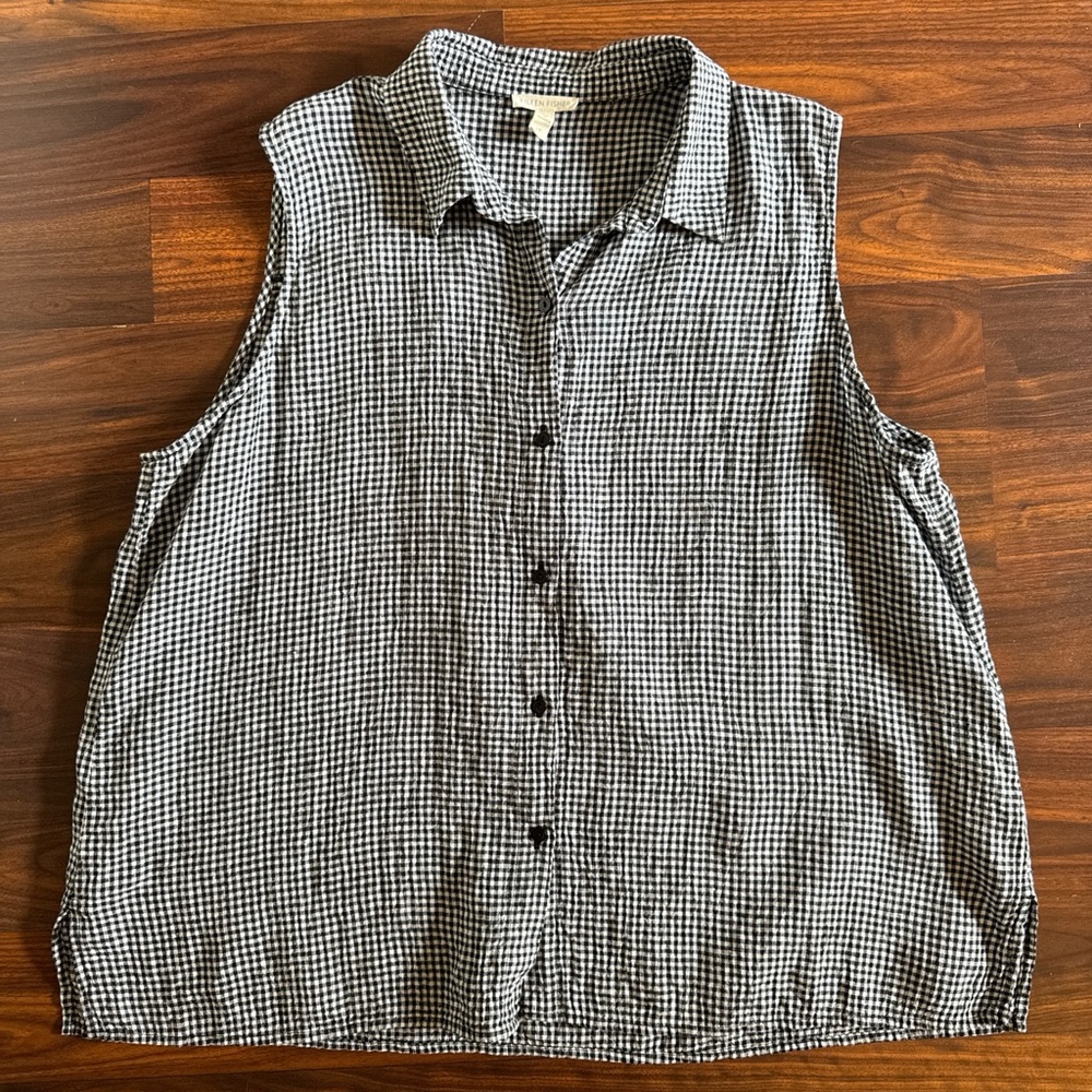 Eileen Fisher 100% Organic Linen Sleeveless Black and White Gingham Top